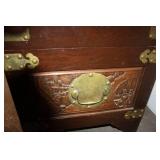 Antique Carved Wooden Storage Chest with Brass Accents