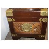 Antique Carved Wooden Storage Chest with Brass Accents