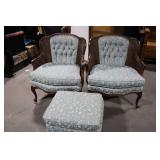 Set of 2 Vintage Cane Back Accent Chairs with Ottoman