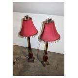 Pair of Vintage Red Table Lamps with Beaded Trim Shades