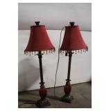 Pair of Vintage Red Table Lamps with Beaded Trim Shades