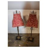 Pair of Vintage Red Fabric Lamps with Gold Accent and Crystal Drops