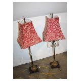 Pair of Vintage Red Fabric Lamps with Gold Accent and Crystal Drops
