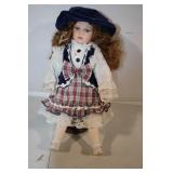 Porcelain Doll with Plaid Dress and Blue Velvet Hat - 17 Inches