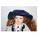 Porcelain Doll with Plaid Dress and Blue Velvet Hat - 17 Inches