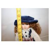 Porcelain Doll with Plaid Dress and Blue Velvet Hat - 17 Inches