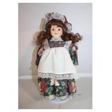 Vintage Porcelain Victorian Doll in Floral Dress with Bonnet