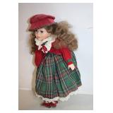 Porcelain Doll in Red and Green Plaid Dress with Hat
