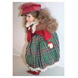 Porcelain Doll in Red and Green Plaid Dress with Hat