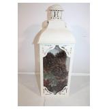 Decorative White Lantern with Pine Cones and Berry Accents