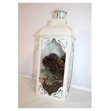 Decorative White Lantern with Pine Cones and Berry Accents