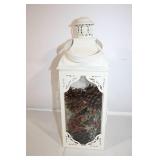 Decorative White Lantern with Pine Cones and Berry Accents