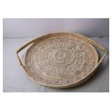 Vintage Wicker and Glass Serving Tray with Decorative Design