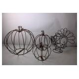 Set of 3 Rustic Metal Pumpkin Frames and Turkey Wire Sculpture