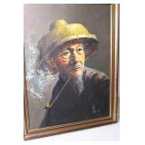 Vintage Framed Painting of a Man with a Hat and Pipe