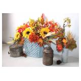 Rustic Autumn Floral Arrangement with Vintage Metal Containers