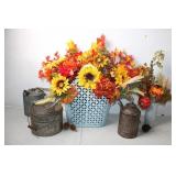 Rustic Autumn Floral Arrangement with Vintage Metal Containers