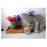 Vintage Rustic Decorative Set with Coca-Cola Crate and Metal Pitcher