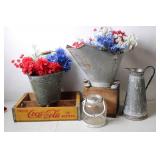 Vintage Rustic Decorative Set with Coca-Cola Crate and Metal Pitcher