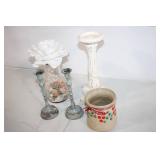 Decorative Lot: Vintage Candlesticks, Floral Vase, Ceramic Jar, and Candle Holder