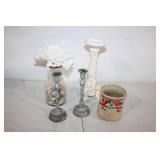 Decorative Lot: Vintage Candlesticks, Floral Vase, Ceramic Jar, and Candle Holder