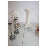 Decorative Lot: Vintage Candlesticks, Floral Vase, Ceramic Jar, and Candle Holder