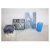 Decorative Set: Snowman Tissue Box, Inspirational Sign, Rustic Letter N, Blue Tumbler