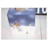 Decorative Set: Snowman Tissue Box, Inspirational Sign, Rustic Letter N, Blue Tumbler