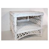 White Wicker Square End Table with Two Shelves