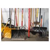 Collection of Assorted Snow Shovels, Spades, and Garden Tools