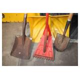 Collection of Assorted Snow Shovels, Spades, and Garden Tools