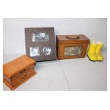 Collection of Home Decor Items Including Jewelry Box, Photo Frames, and Mini Boot Vase