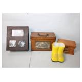 Collection of Home Decor Items Including Jewelry Box, Photo Frames, and Mini Boot Vase