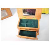 Collection of Home Decor Items Including Jewelry Box, Photo Frames, and Mini Boot Vase