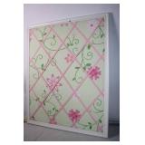 Large Pink and Green Floral Corkboard with White Frame