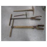 Post Hole Diggers, Pick Axe, Cement Chute Scraper