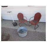(2) Vintage Patio Chairs, Garden Cultivator & Galv. Tub