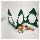 Green Metal Ornament Holder 8" Tall Folds And Two Whimsical Deer Excellent Condition