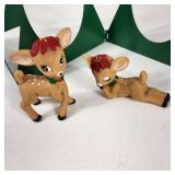 Green Metal Ornament Holder 8" Tall Folds And Two Whimsical Deer Excellent Condition