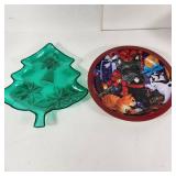 Lot Of Two Christmas Cookie Trays Green Tree And Tin Cat Dog Christmas Tree Great Condition