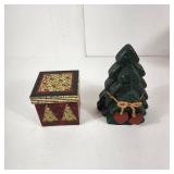 Lot Of Two Christmas Decorations Decorative Box Three Green Wooden Trees Heart Great Condition