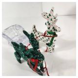 Two Hand Made Reindeer Green/White With Plastic Sleigh Legs Move Great Condition