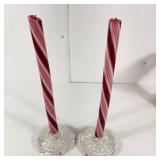 Lot Of Two Candy Cane Candles With Glass Holders Candles Have Been Burned Once