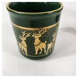 Lot Of Four Christmas Deer Coffee Cups Mugs Green Gold Excellent Condition