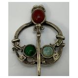 Intage Celtic Glass, Stone Enhanced Silvertone Brooch Pin 1 7/8"
