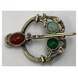 Intage Celtic Glass, Stone Enhanced Silvertone Brooch Pin 1 7/8"