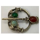 Intage Celtic Glass, Stone Enhanced Silvertone Brooch Pin 1 7/8"