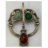 Intage Celtic Glass, Stone Enhanced Silvertone Brooch Pin 1 7/8"