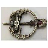 Intage Celtic Glass, Stone Enhanced Silvertone Brooch Pin 1 7/8"