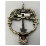 Intage Celtic Glass, Stone Enhanced Silvertone Brooch Pin 1 7/8"